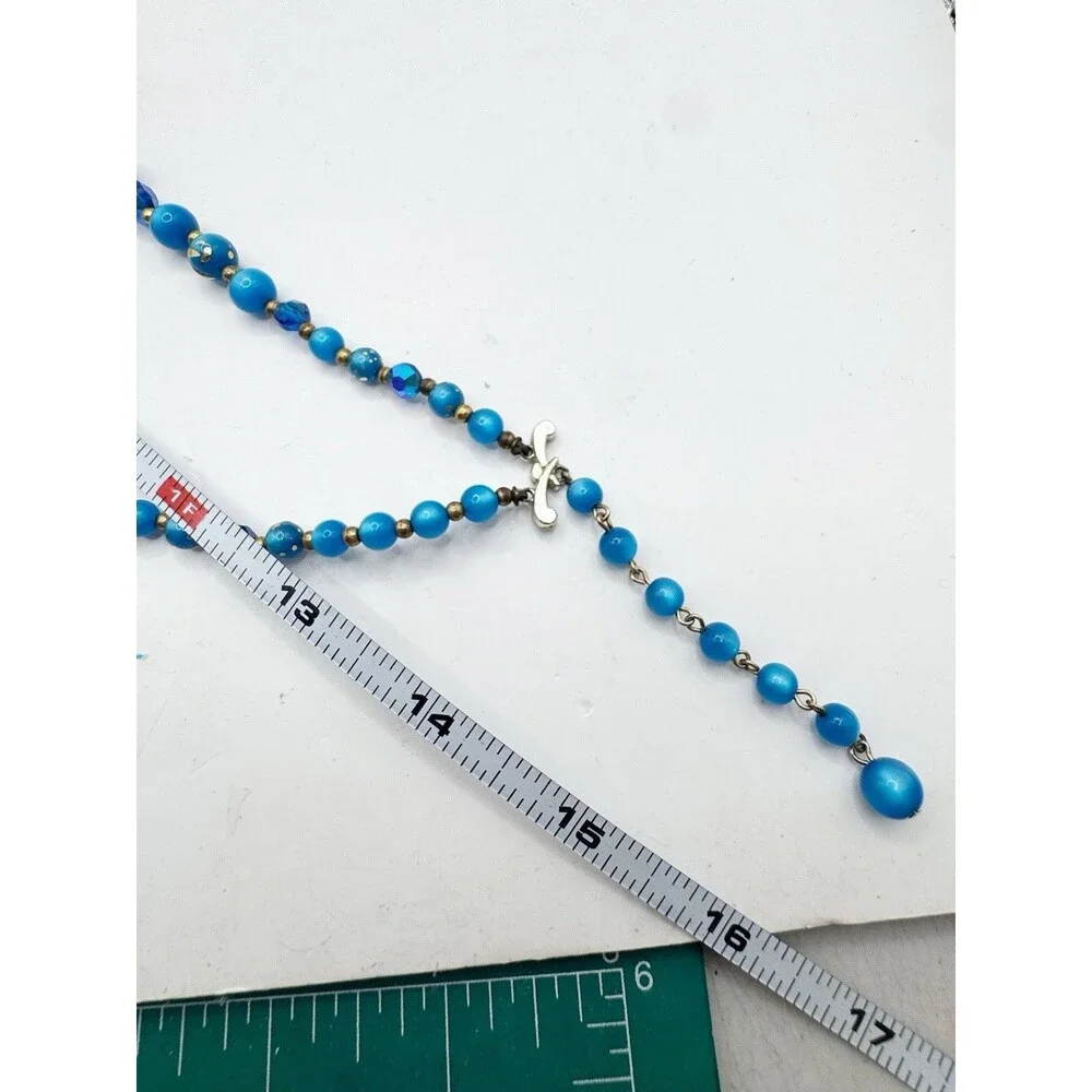Vintage MCM Peacock Blue Iridescent Two Strand Beaded Necklace Glass Gold Fleck